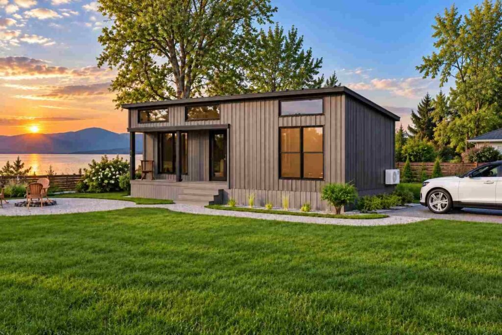 Modern tiny home with wood siding, large windows, landscaped yard, and covered porch overlooking a lake and mountains at sunset.