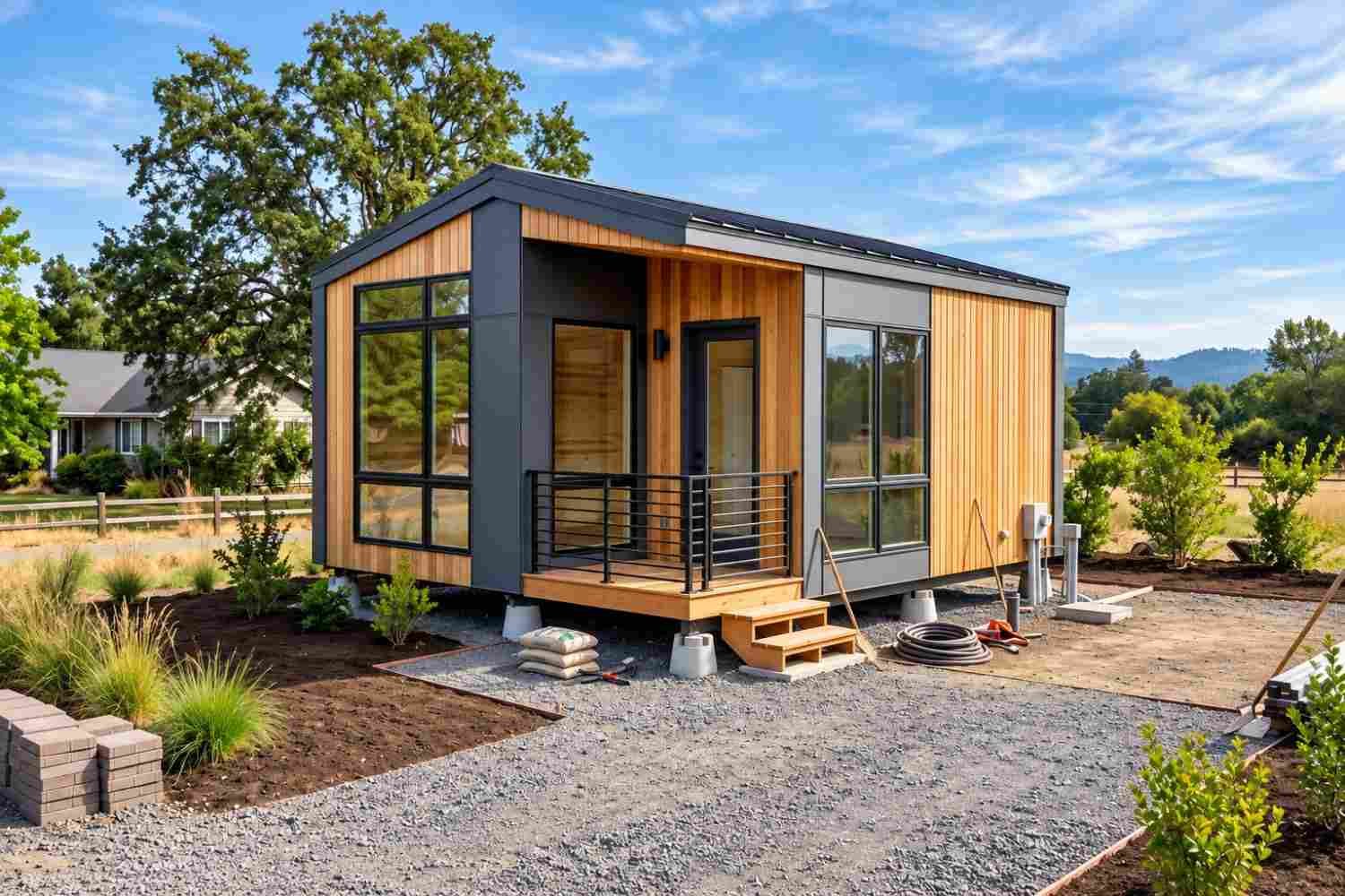Modern compact tiny home with wood siding, dark gray exterior panels, large windows, covered entry porch, landscaped yard, and gravel pathway.
