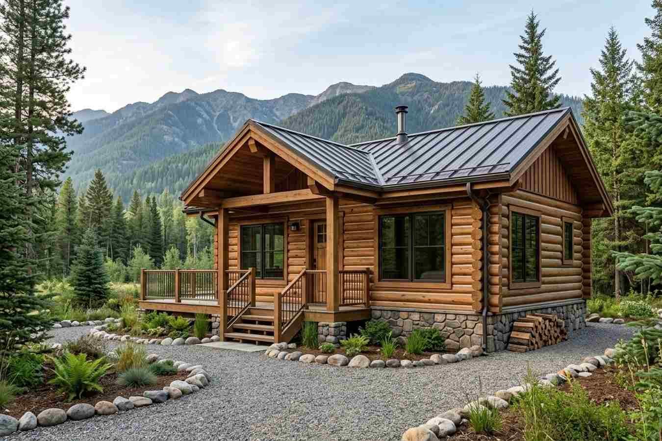 Rustic log cabin with a metal roof, covered front porch, stone foundation, and landscaped gravel yard surrounded by evergreen trees and mountain scenery.