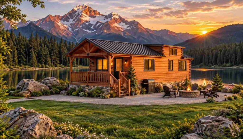 Rustic log-style tiny home with a covered porch beside a mountain lake, surrounded by pine trees, outdoor seating, and a fire pit at sunset.