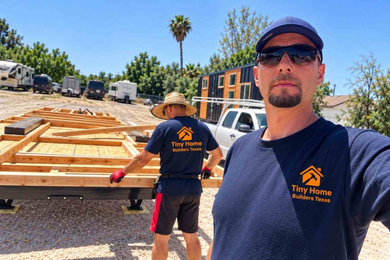 Tiny Home Builders Texas construction workers assembling a wooden trailer foundation for a tiny house at an outdoor building site, with a pickup truck, modern tiny homes, and clear blue skies in the background.